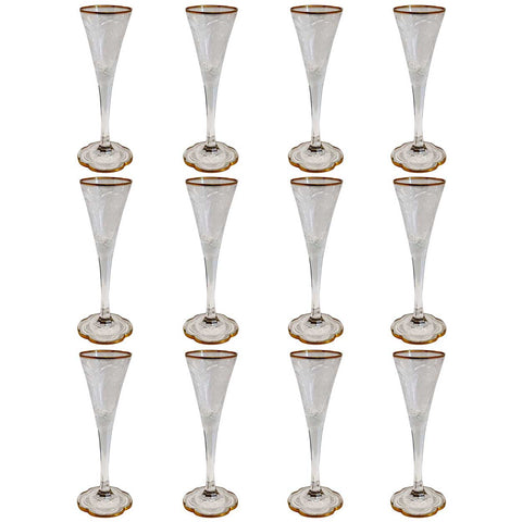 Set of 12 Moser Intaglio Engraved Parcel Gilt Glass Champagne Flute Glasses