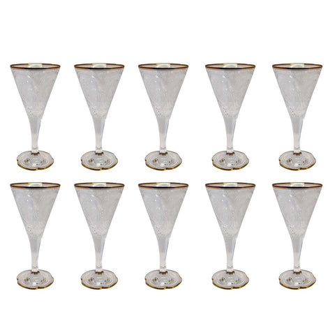 Set of 10 Moser Intaglio Engraved Parcel Gilt Glass Wine / Water Goblets