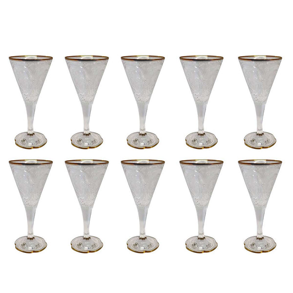 Set of 10 Moser Intaglio Engraved Parcel Gilt Glass Wine / Water Goblets