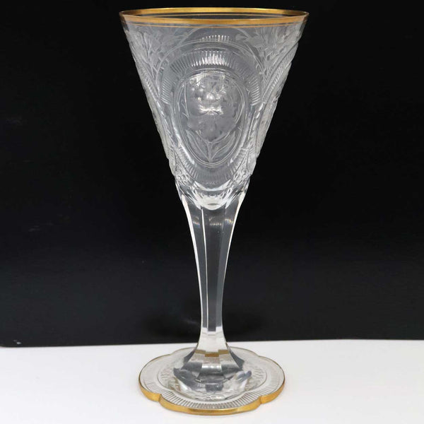 Set of 10 Moser Intaglio Engraved Parcel Gilt Glass Wine / Water Goblets