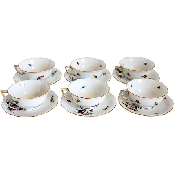 Set of Six Hungarian Herend Porcelain Rothschild Bird Footed Tea Cups and Saucers