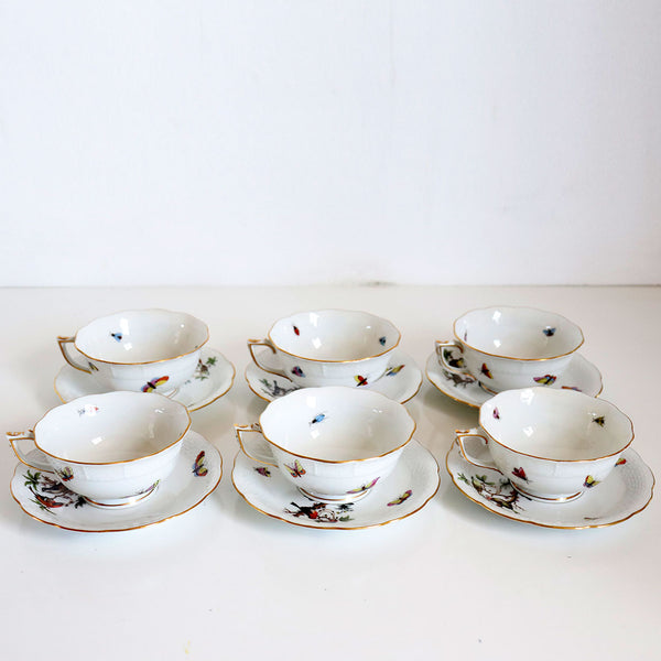 Set of Six Hungarian Herend Porcelain Rothschild Bird Footed Tea Cups and Saucers