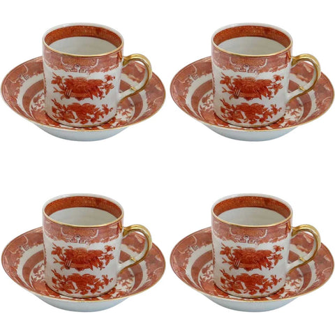 Set of Four Chinese Export Iron Red Porcelain Fitzhugh Tea Cups and Six Saucers