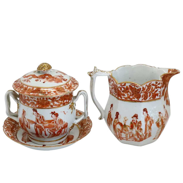 Chinese Export Iron Red and Gilt Porcelain Cream Jug, Sugar and Underplate