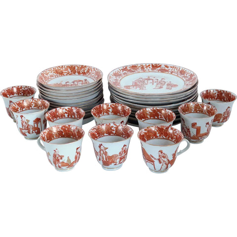 Set of 32 Chinese Export Iron Red and Gilt Porcelain Tea Cups, Saucers and Plates