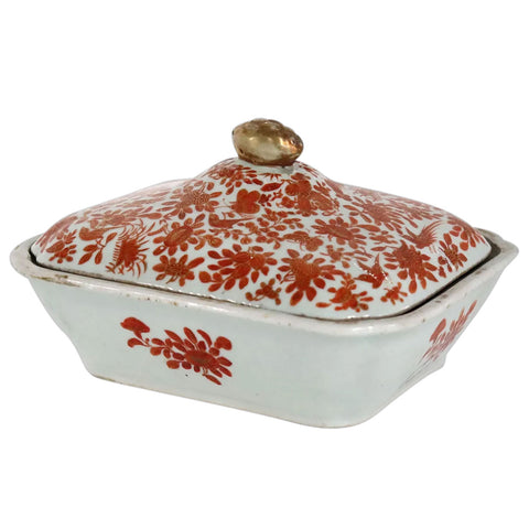Chinese Export Porcelain Iron Red Sacred Bird and Butterfly Covered Serving Dish