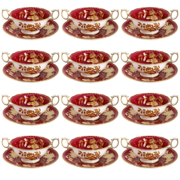 Set 12 Vintage English Wedgwood Bone China Ruby Tonquin Cream Soup Bowls and Underplates