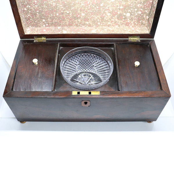 English Regency Rosewood Double Tea Caddy Box with Glass Mixing Bowl