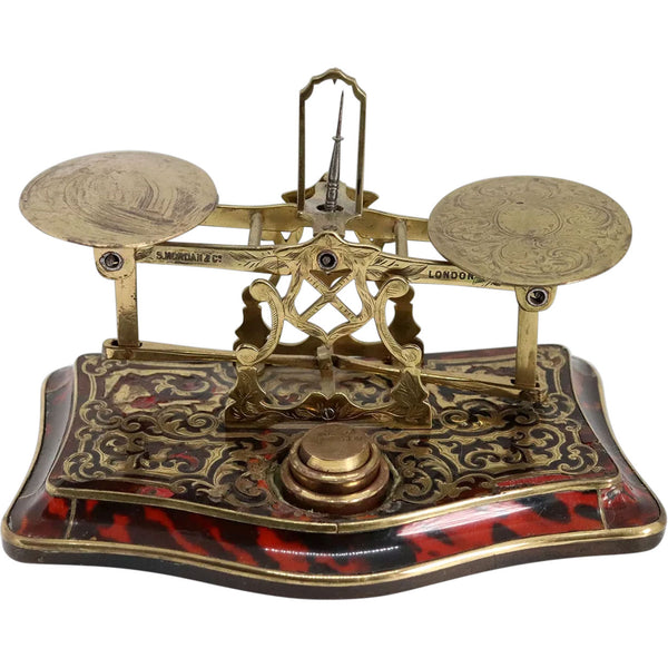 Rare English Sampson Mordan & Company Boulle Brass Postal Scale and Weights