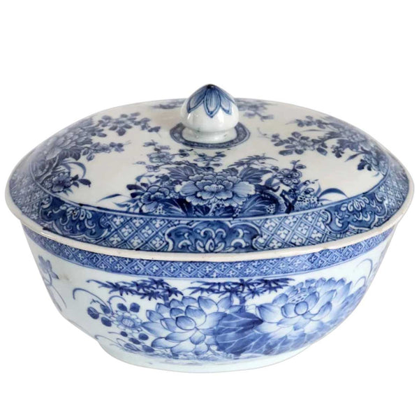 Chinese Export Porcelain Blue and White Bamboo and Floral Lidded Serving Bowl