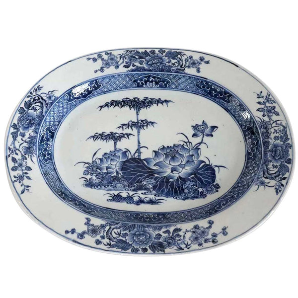 Chinese Export Qianlong Porcelain Blue and White Bamboo and Floral Platter