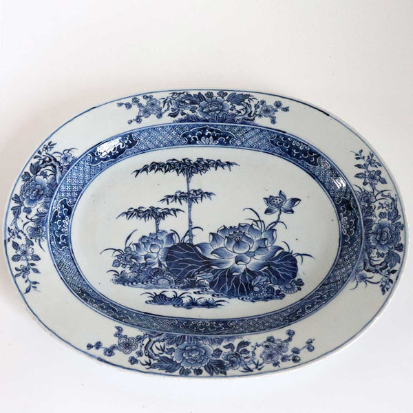 Chinese Export Qianlong Porcelain Blue and White Bamboo and Floral Platter
