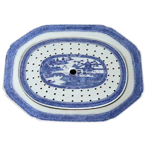 Chinese Export Canton Blue and White Porcelain Serving Platter and Mazarine