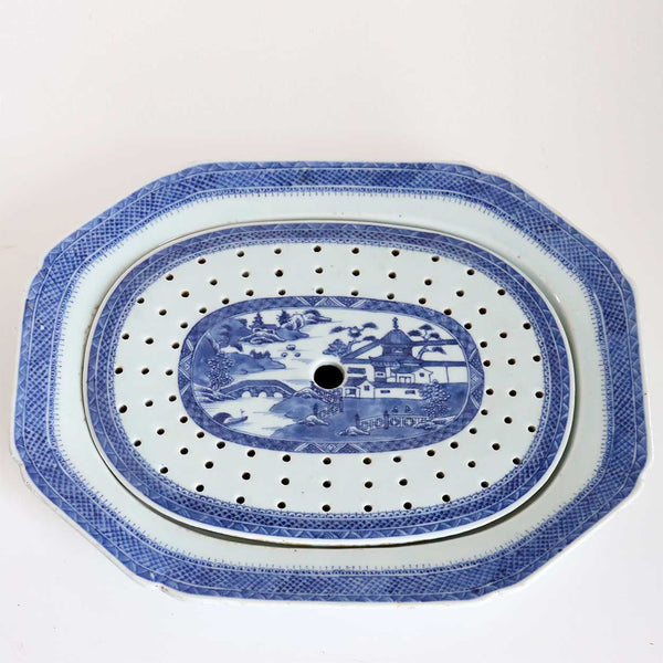 Chinese Export Canton Blue and White Porcelain Serving Platter and Mazarine