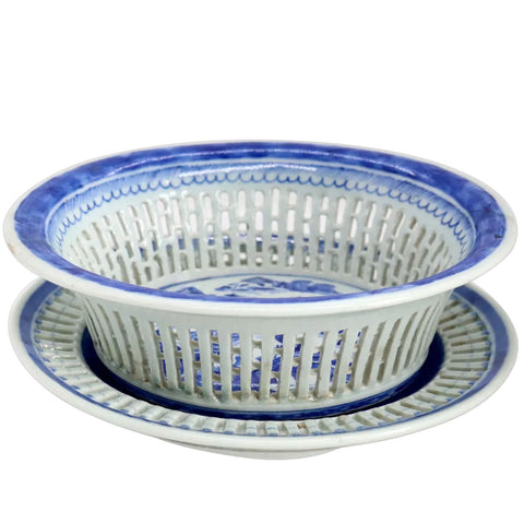 Chinese Export Canton Blue and White Porcelain Reticulated Chestnut Basket and Underplate