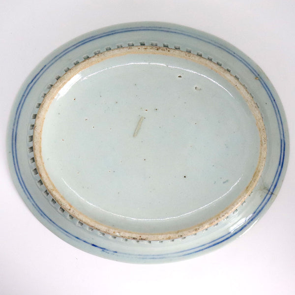 Chinese Export Canton Blue and White Porcelain Reticulated Chestnut Basket and Underplate