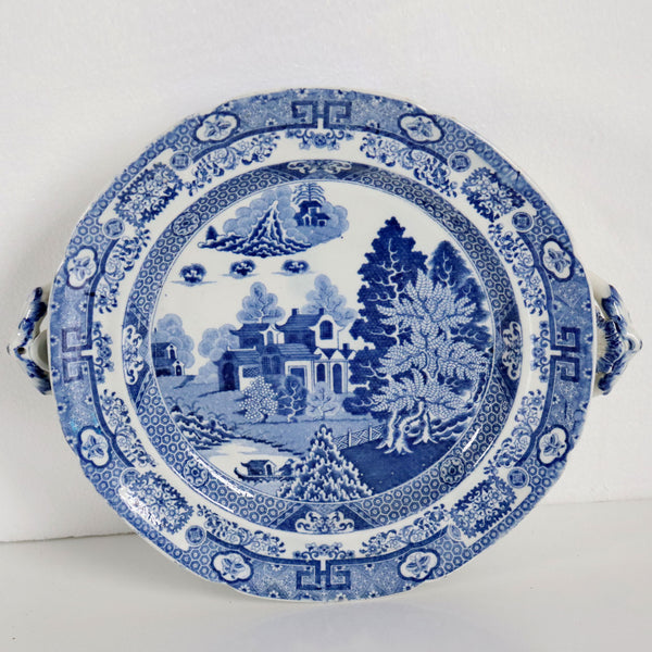 English Spode Blue and White Transferware Pottery Forest Landscape Hot Water Plate