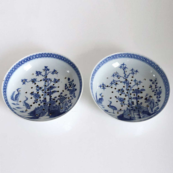 Rare Pair of Chinese Export Blue and White Porcelain Strainer Bowls
