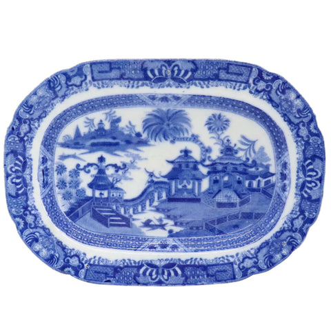 Scarce English Job Ridgway Transferware Pottery Blue and White Curling Palms Oval Platter