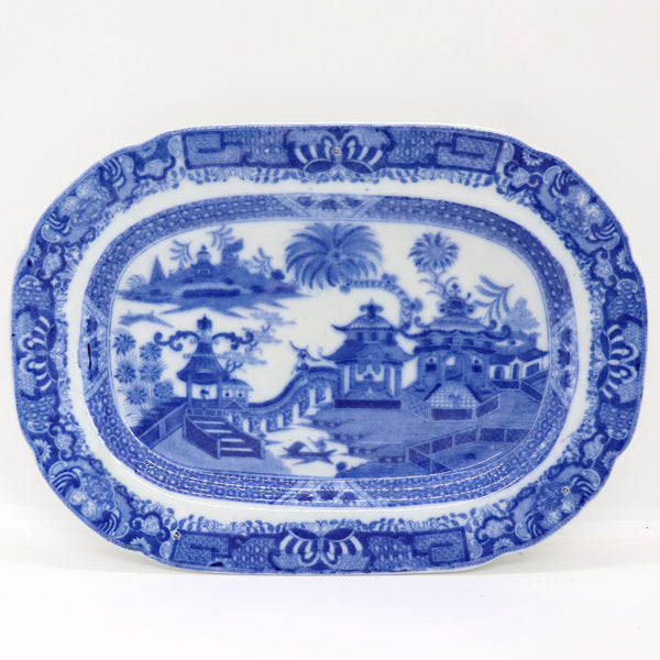 Scarce English Job Ridgway Transferware Pottery Blue and White Curling Palms Oval Platter