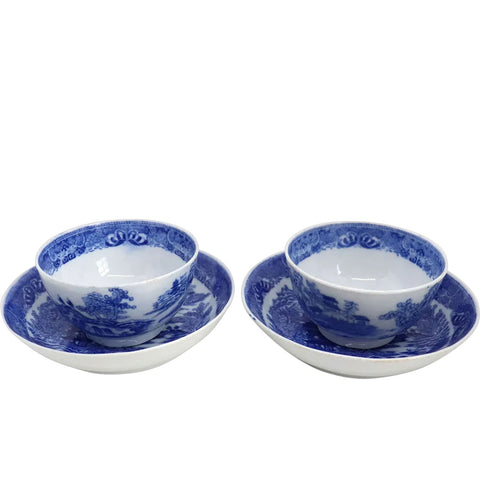 Pair of English Blue and White Transferware Porcelain Two Temples Tea Bowls and Saucers