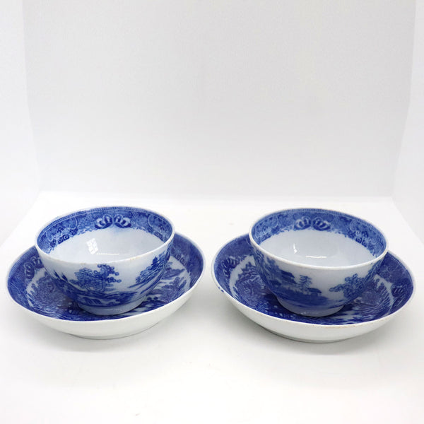 Pair of English Blue and White Transferware Porcelain Two Temples Tea Bowls and Saucers