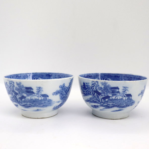 Pair of English Blue and White Transferware Porcelain Two Temples Tea Bowls and Saucers