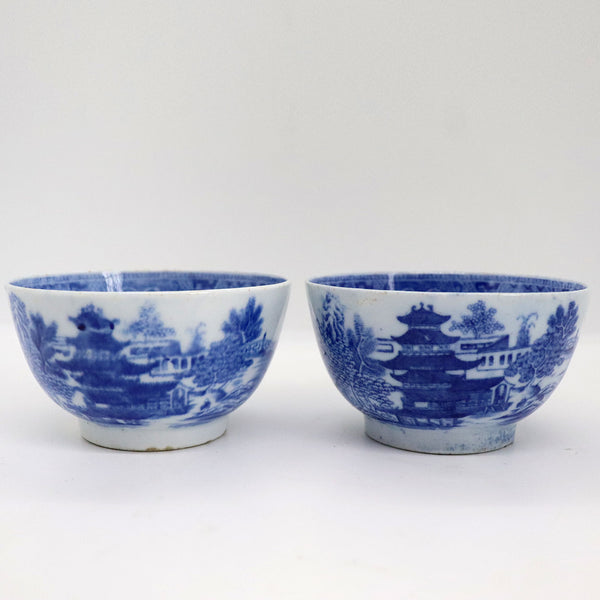 Pair of English Blue and White Transferware Porcelain Two Temples Tea Bowls and Saucers