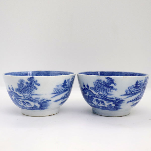 Pair of English Blue and White Transferware Porcelain Two Temples Tea Bowls and Saucers
