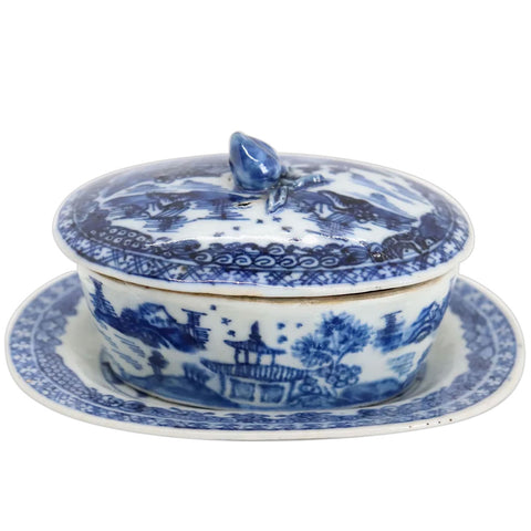 Small Chinese Export Canton Porcelain Blue and White Covered Oval Dish and Underplate