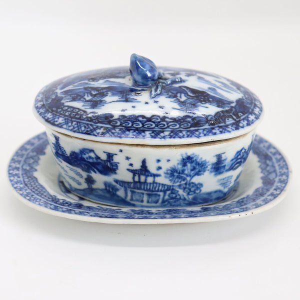 Small Chinese Export Canton Porcelain Blue and White Covered Oval Dish and Underplate