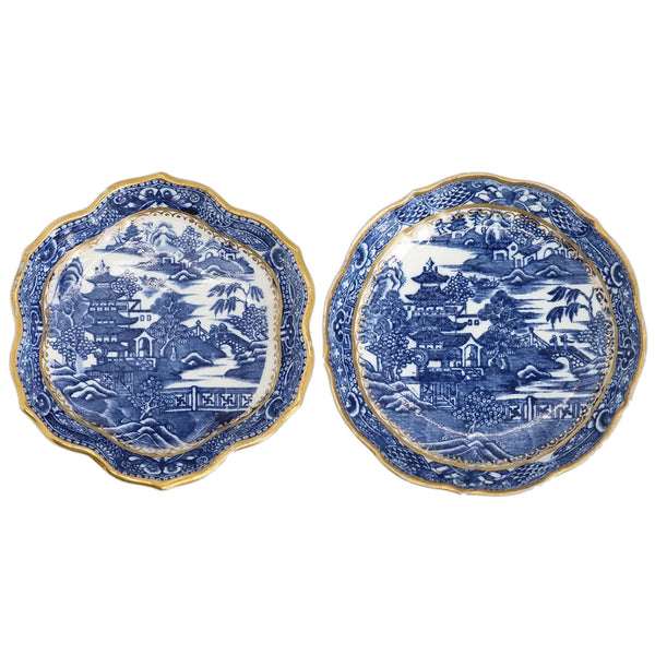 Two English Caughley Porcelain Gilt, Blue and White Pagoda Pattern Teapot Stands