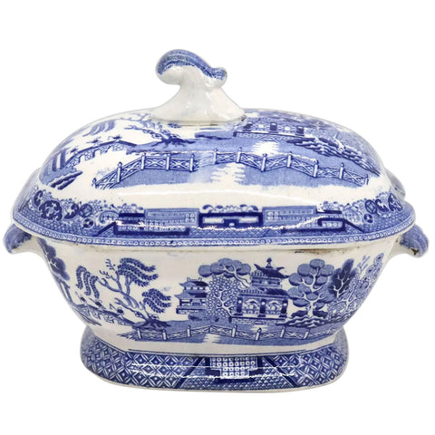 English Staffordshire Creamware Pottery Blue Willow Transferware Sauce Tureen