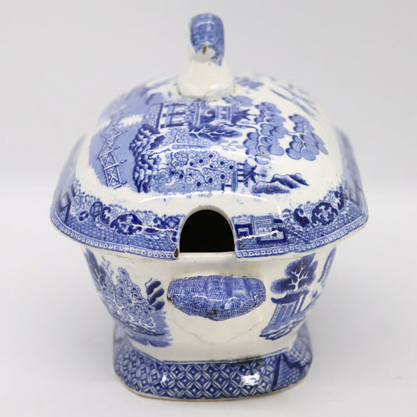 English Staffordshire Creamware Pottery Blue Willow Transferware Sauce Tureen