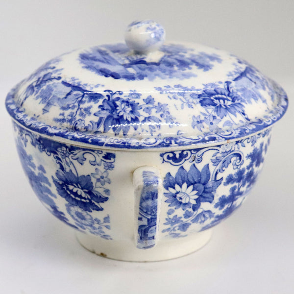 English Minton Blue and White Transferware Pottery Two-Handle Lidded Broth Pot
