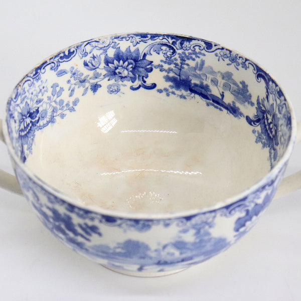 English Minton Blue and White Transferware Pottery Two-Handle Lidded Broth Pot