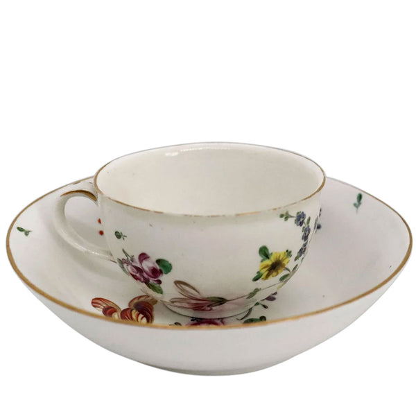 German Frankenthal Carl Theodore Hard Paste Porcelain Floral Teacup and Underplate