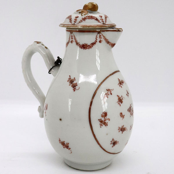 Chinese Export Iron Red and Gilt Porcelain Sparrow Beak Jug with Chained Lid