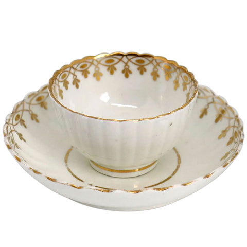 English Caughley Gilt Soft Paste Porcelain Fluted Tea Bowl and Saucer