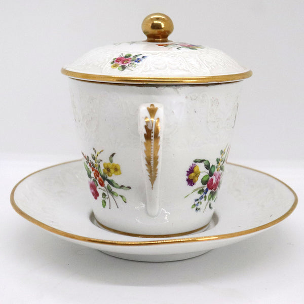 English Spode Gilt Porcelain Two-Handle Chocolate Cup with Cover and Stand