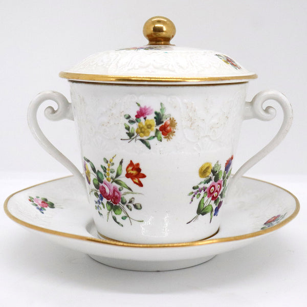 English Spode Gilt Porcelain Two-Handle Chocolate Cup with Cover and Stand