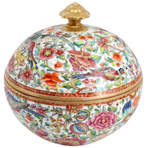 Chinese Export Round Gilt Porcelain Floral Bird and Floral Lidded Bowl