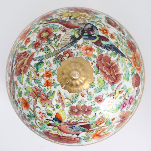 Chinese Export Round Gilt Porcelain Floral Bird and Floral Lidded Bowl