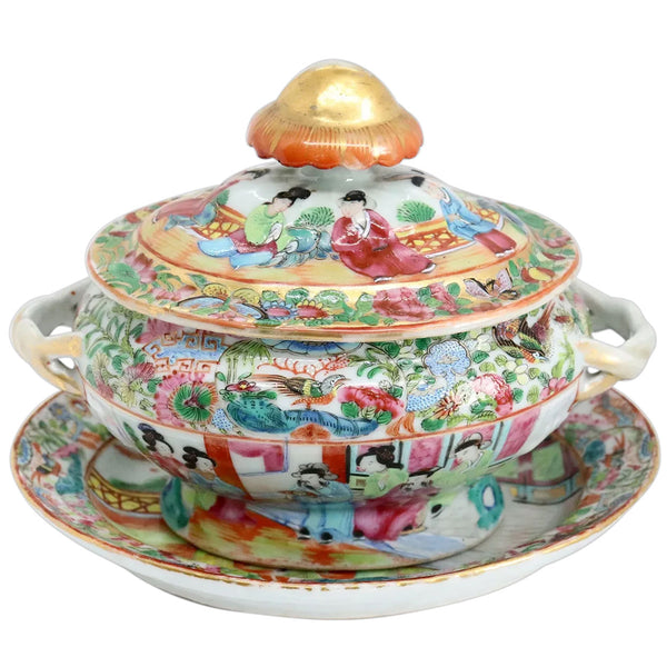 Chinese Export Porcelain Gilt Rose Medallion Tureen with Underplate