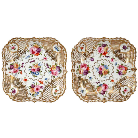 Pair of English Grainger Worcester Gilt Porcelain Floral Square Dishes