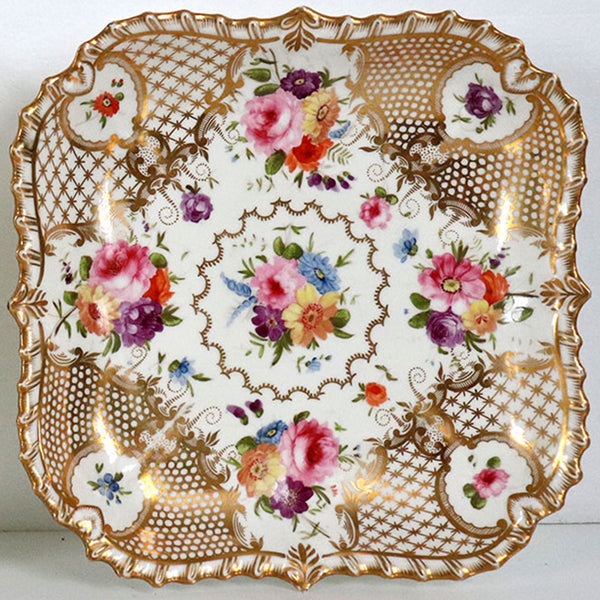 Pair of English Grainger Worcester Gilt Porcelain Floral Square Dishes
