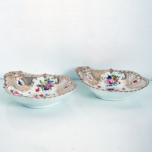 Pair of English Grainger Worcester Gilt Porcelain Floral One-Handle Bowls