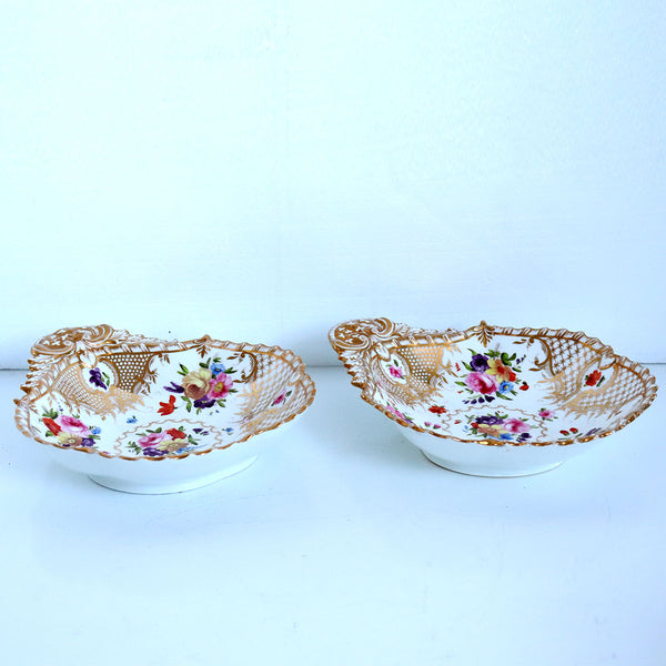 Pair of English Grainger Worcester Gilt Porcelain Floral One-Handle Bowls