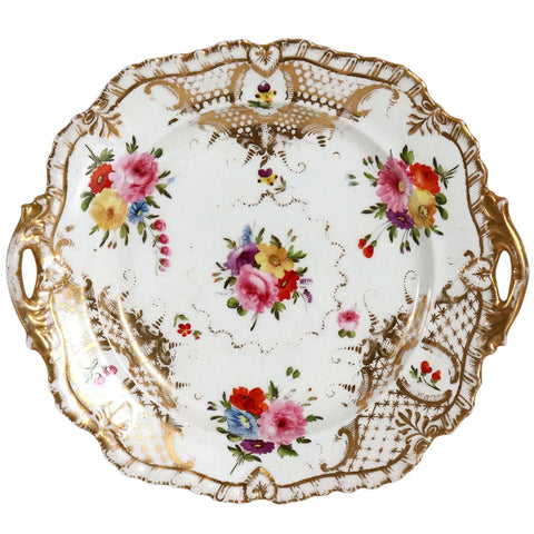 English Grainger Worcester Gilt Hard Paste Porcelain Floral Dessert Tray with Handles