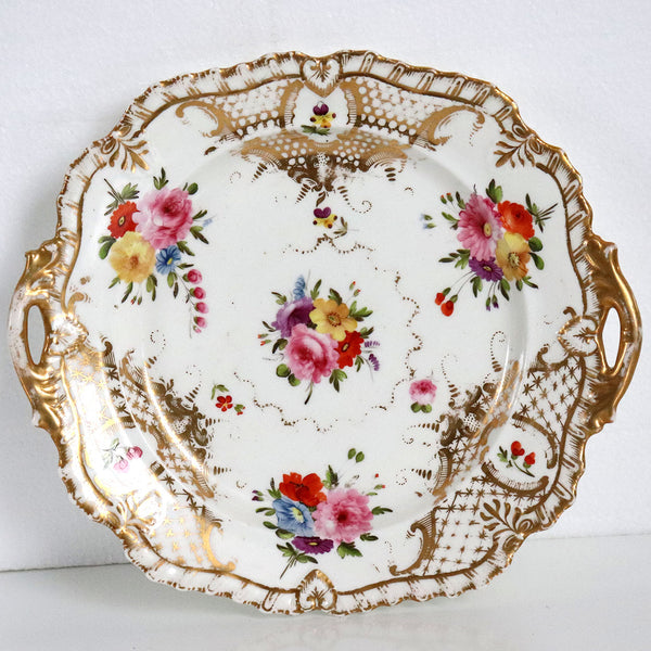 English Grainger Worcester Gilt Hard Paste Porcelain Floral Dessert Tray with Handles